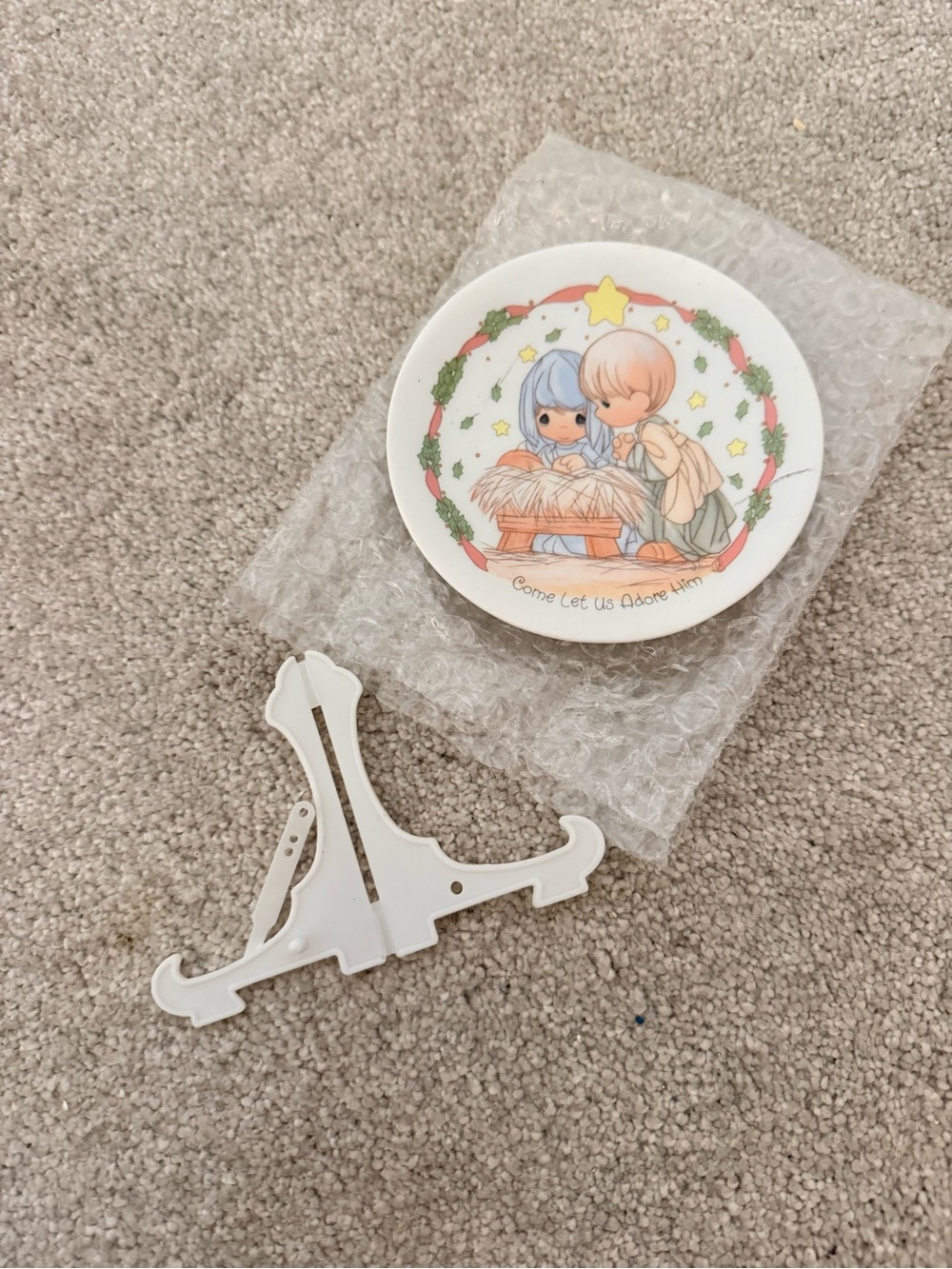 Precious Moments Pink, White and Green Nativity Plate with Stand